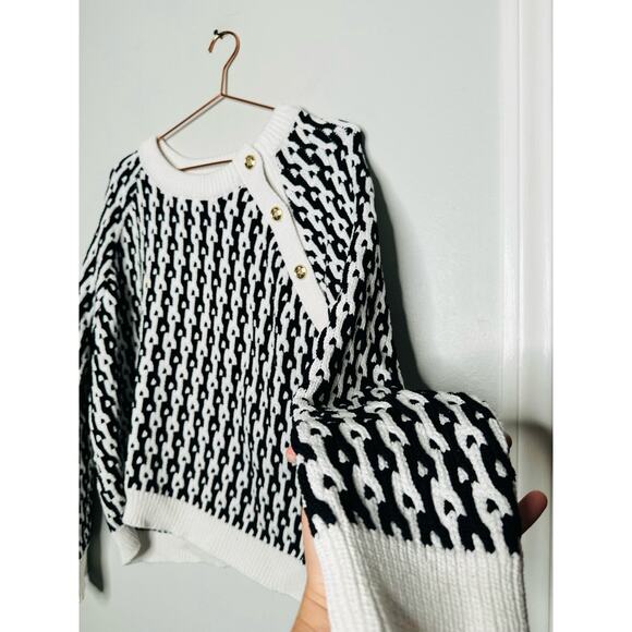 DEREK LAM 10 Crosby Sawyer Black Ivory Long Sleeves Gold Button Sweater Size XXL - Picture 9 of 12